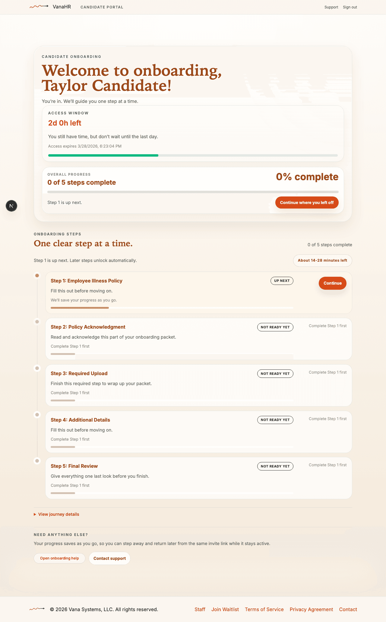 Employee flow in the VanaHR onboarding flow